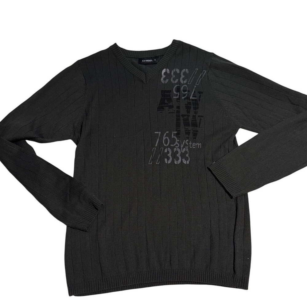 CHISEL Men's V-Neck Long Sleeve Sweater Size S Dark Gray Graphic Print